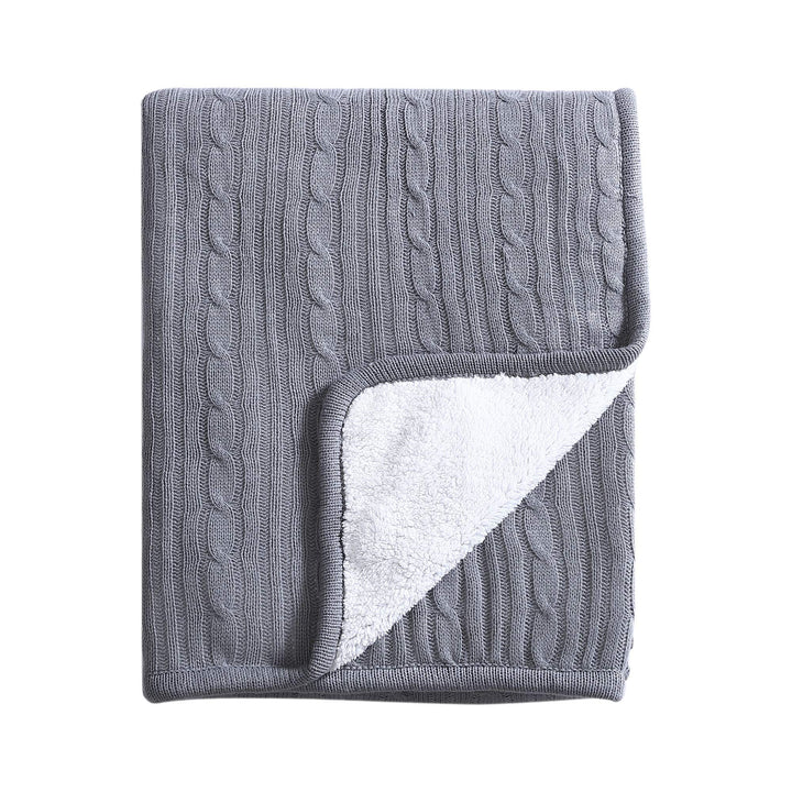 Cozy Cable Knit Throw Blanket - All Season Chic Thick Sweater Knitting for Couch Sofa Bed with Soft Sherpa Lining, Grey