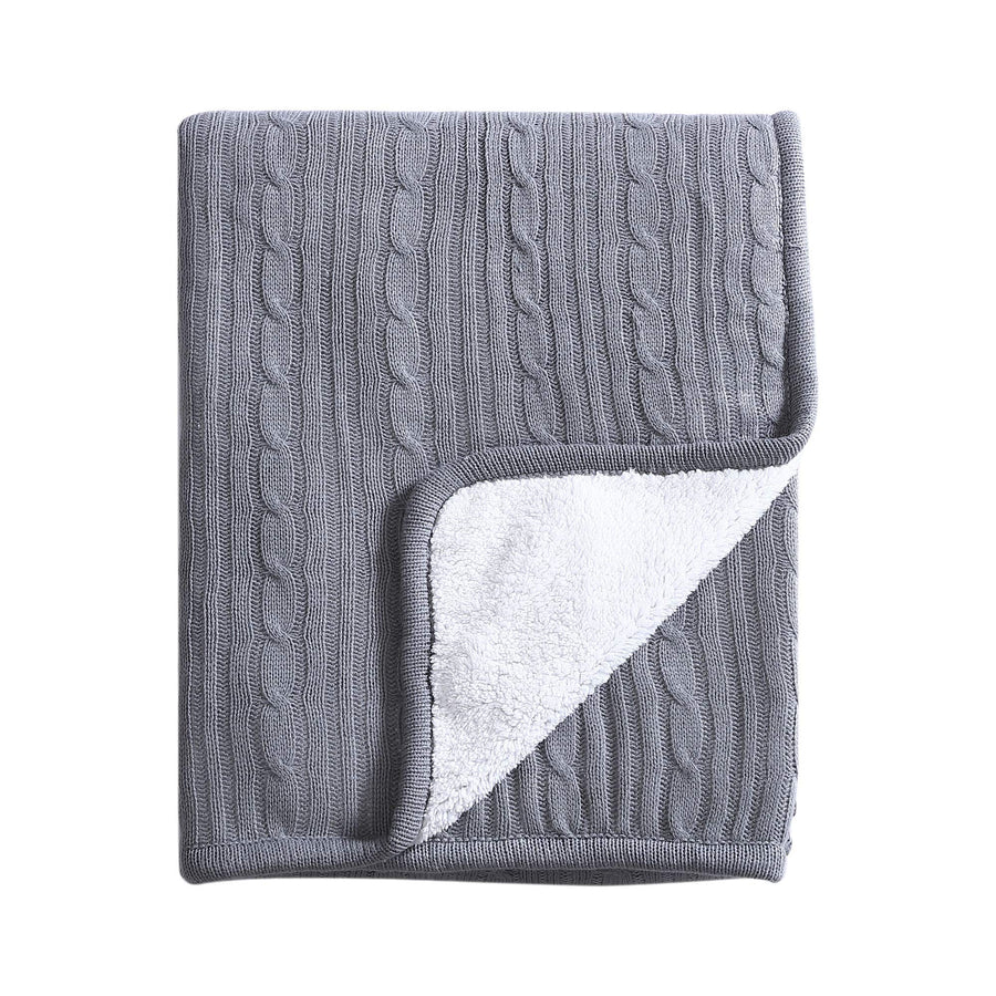 Cozy Cable Knit Throw Blanket - All Season Chic Thick Sweater Knitting for Couch Sofa Bed with Soft Sherpa Lining, Grey