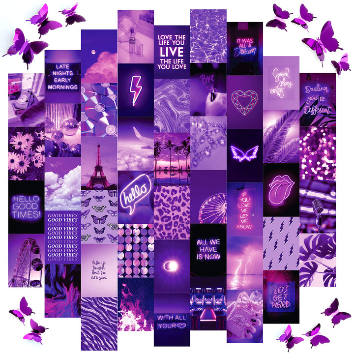 Purple Wall Collage Kit Aesthetic Pictures, 50 Set 4x6 Butterflies, Purple Black Aesthetic Pictures for Wall Decor, Posters for Room Aesthetic, Girls Room Decor, Cute Wall Decor for Teens