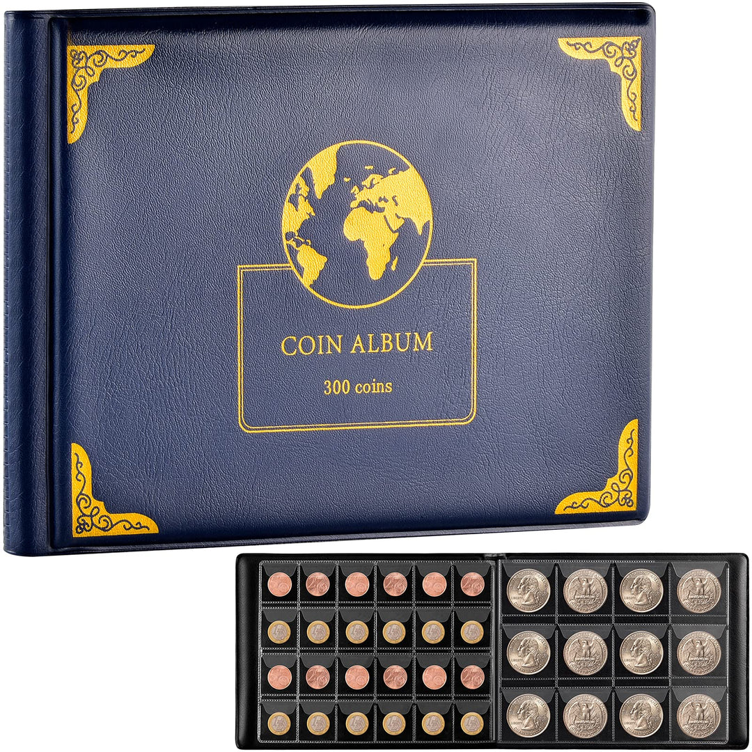 Coin Collection Supplies Holder Book for Collectors, 300 Pockets Coin Collection Organizer Storage Box Case Album for 20/25/ 27/30/ 38mm Coins- Blue