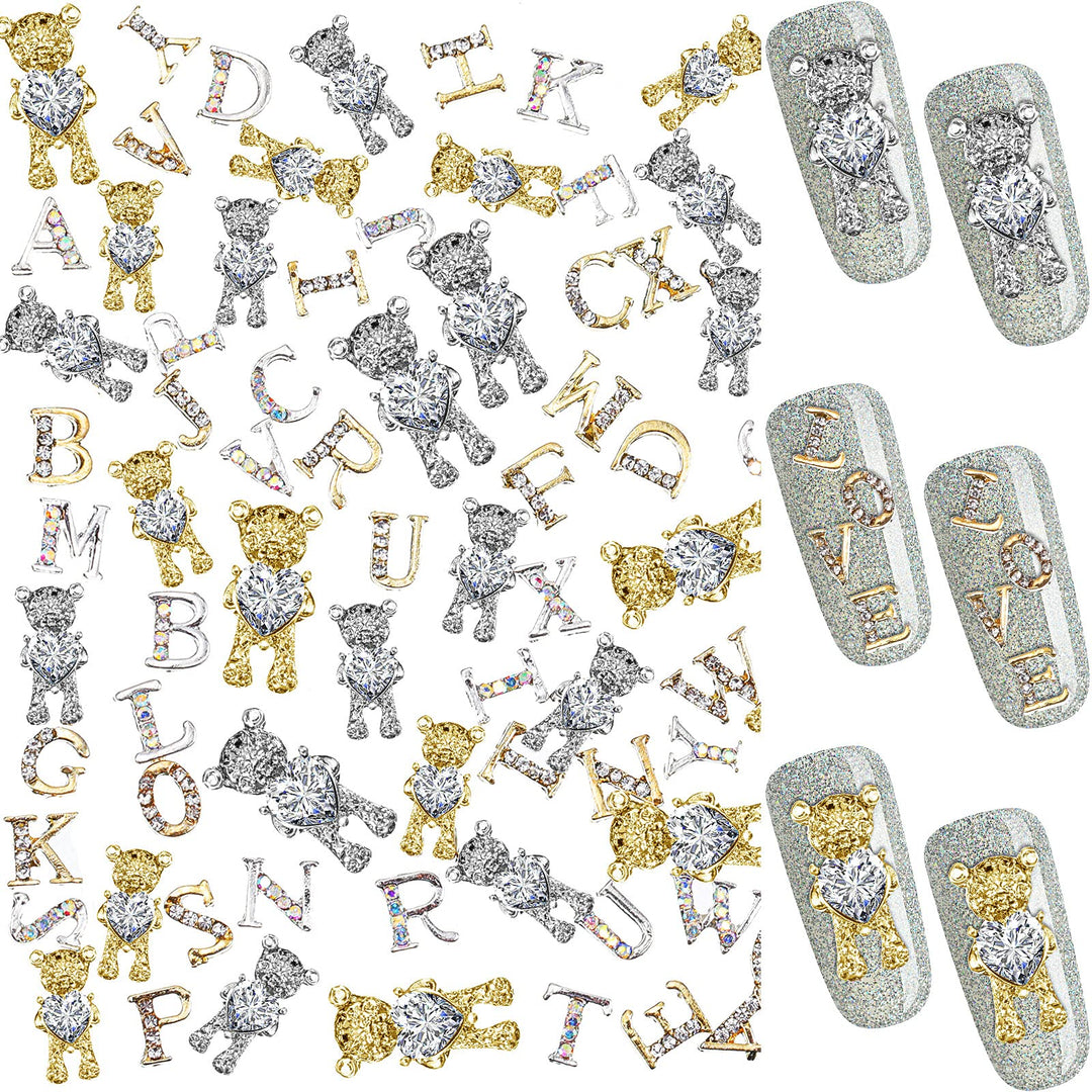 82 Pieces 3D Nail Art Charms Gold Silver Bear Nail Charms Rhinestone Nails with Heart Shiny Capital Letter Charms for Nails Crystal Alloy Letter Nail Charms Nail Stud for Women Girls DIY