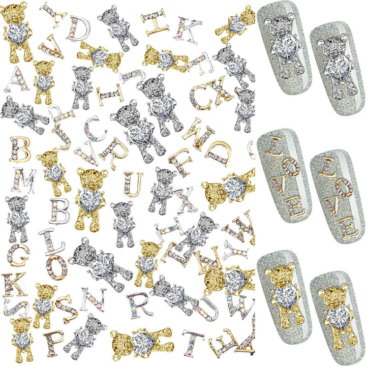 82 Pieces 3D Nail Art Charms Gold Silver Bear Nail Charms Rhinestone Nails with Heart Shiny Capital Letter Charms for Nails Crystal Alloy Letter Nail Charms Nail Stud for Women Girls DIY