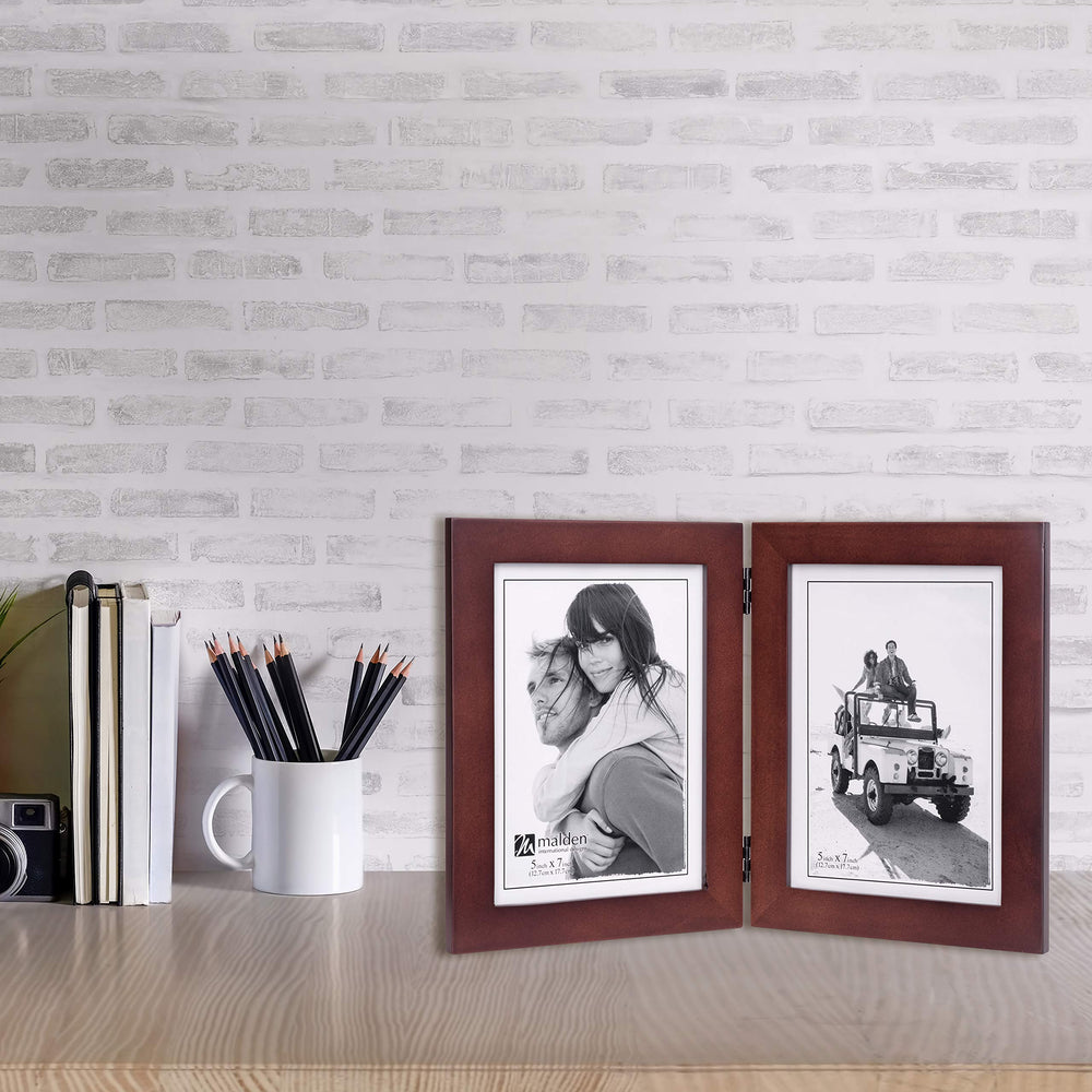 Double Vertical 5x7 Picture Frame - Wide Real Wood Molding, Real Glass - Dark Walnut