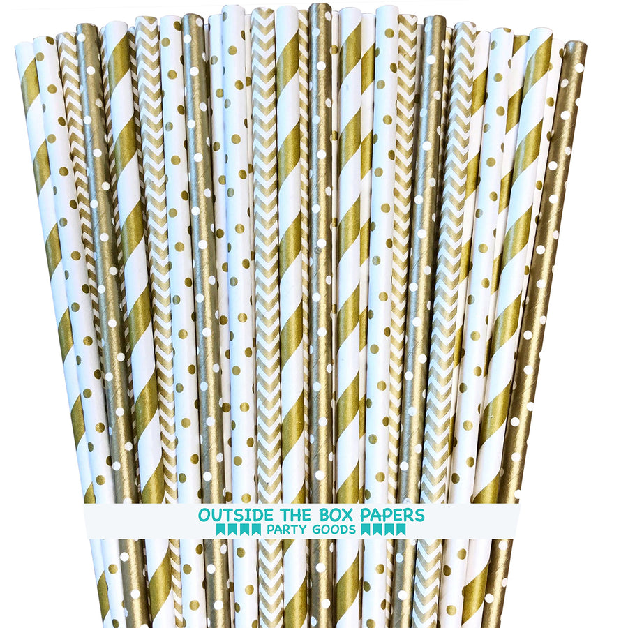 Gold Paper Straws - Stripe Chevron Polka Dot - 7.75 Inc