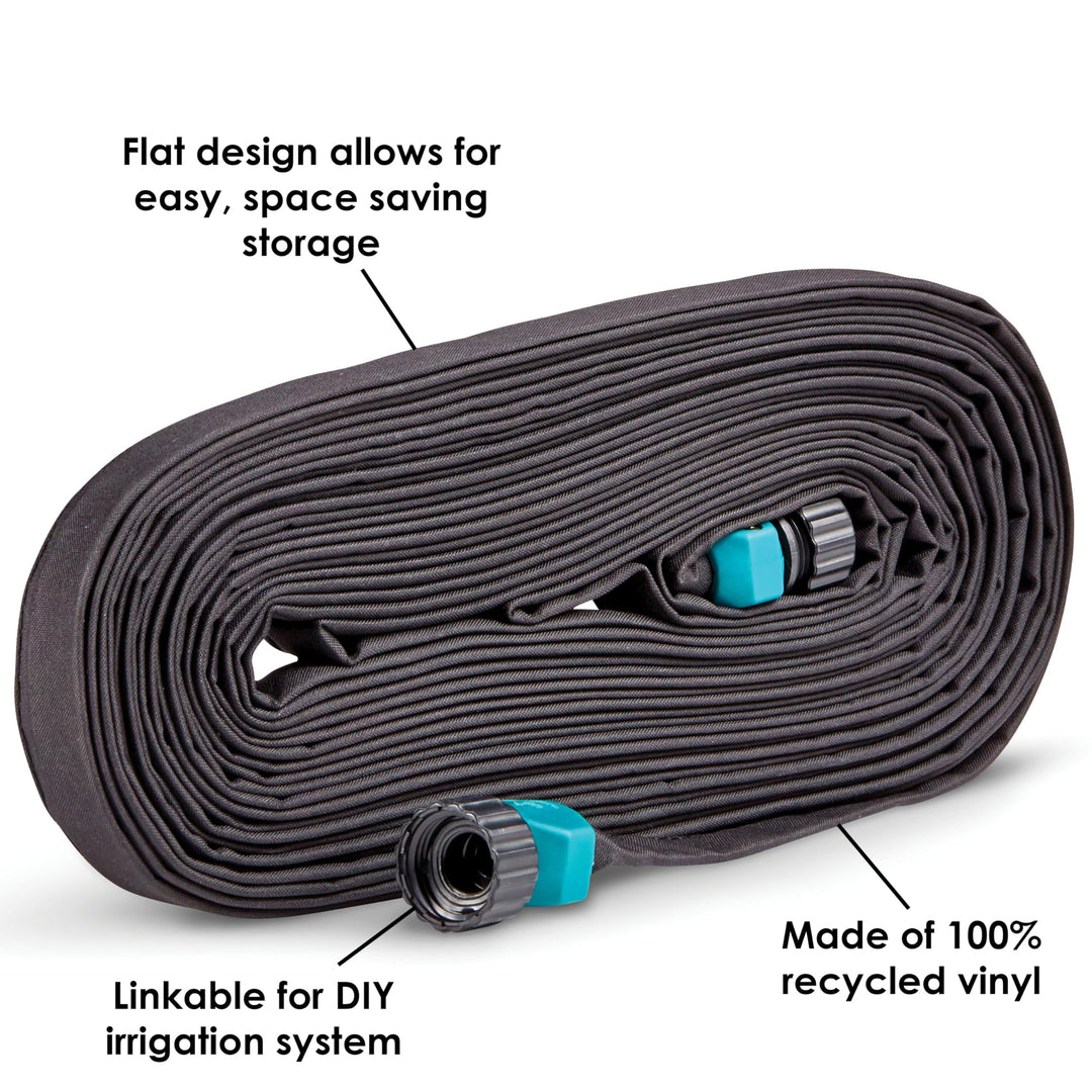25&#39; Black Flat Weeper Soaker Hose for Garden Beds, Drip Irrigation Outdoor Hose, Flexible Garden Hose for Vegetable Gardens, Flower Beds, Lawns, and Orchards