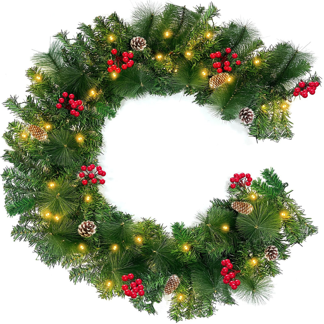 6 Ft 30 LED Prelit Christmas Garland with Lights Timer 8 Modes 170 Branch Snowy Bristle 8 Pinecones 88 Red Berries Battery Operated Cedar Garland Christmas Decorations Home Indoor Mantle