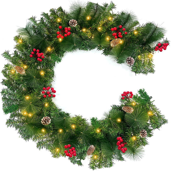 6 Ft 30 LED Prelit Christmas Garland with Lights Timer 8 Modes 170 Branch Snowy Bristle 8 Pinecones 88 Red Berries Battery Operated Cedar Garland Christmas Decorations Home Indoor Mantle