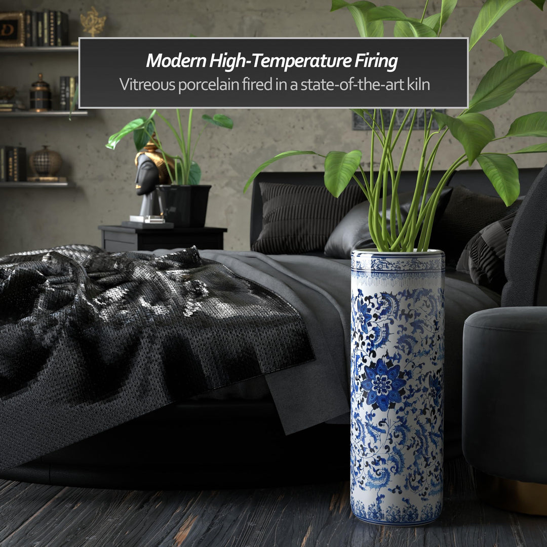 24 Floral Blue &amp; White Porcelain Umbrella Stand, 2 foot