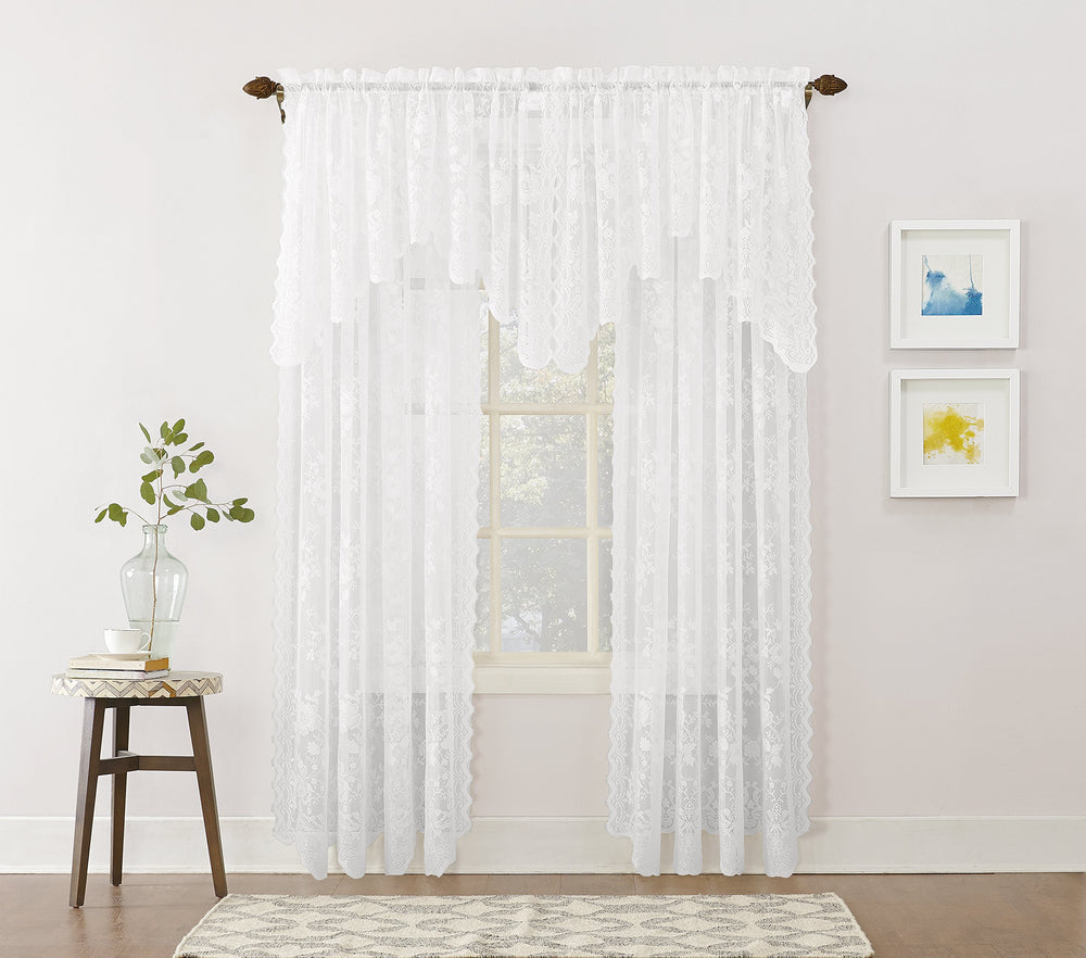 Alison Floral Lace Sheer Rod Pocket Curtain Valance, 58 x 32, White