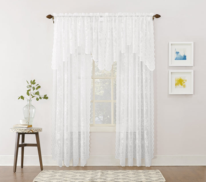 Alison Floral Lace Sheer Rod Pocket Curtain Panel, 58 x 63, White