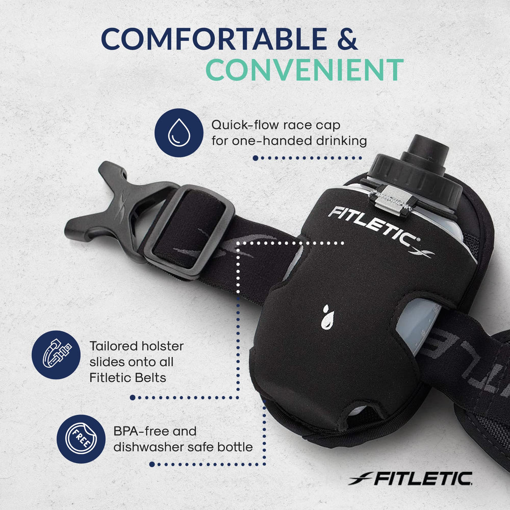 8-ounce Sport Water Bottle with Holster Attachable to Belts. No-Bite Cap Quick Hydration for Daily Running, Marathon, Triathlon, Ironman Race