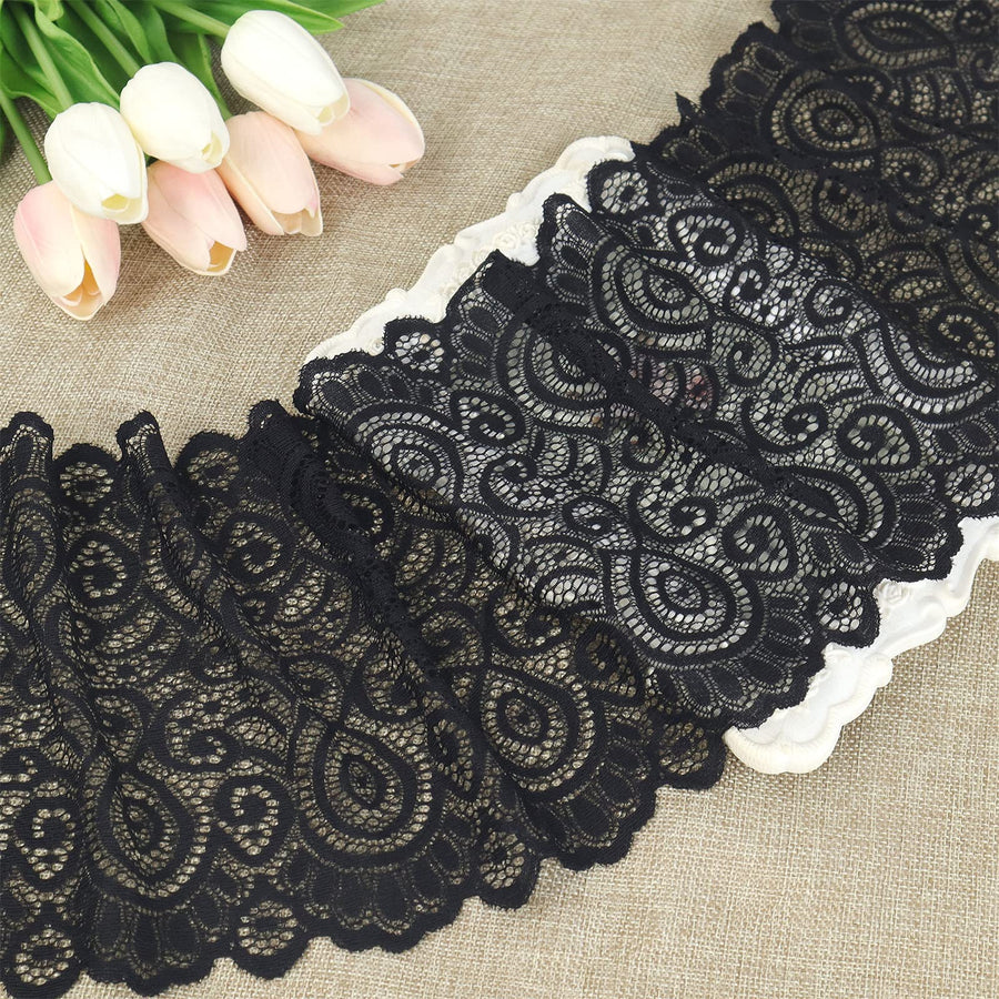 Black Lace Fabric Lace Trim, Stretch Floral Lace Ribbon Trim, Wide Elastic Sewing Lace Crafts Decorating (Black 7Inch 5Yards)