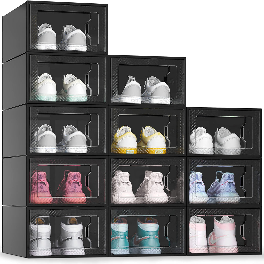 Large 12 Pack Shoe Storage Box, Black Plastic Stackable Shoe Organizer for Closet, Space Saving Foldable Sneaker Containers Bins Holders Racks (Obsidian Black)
