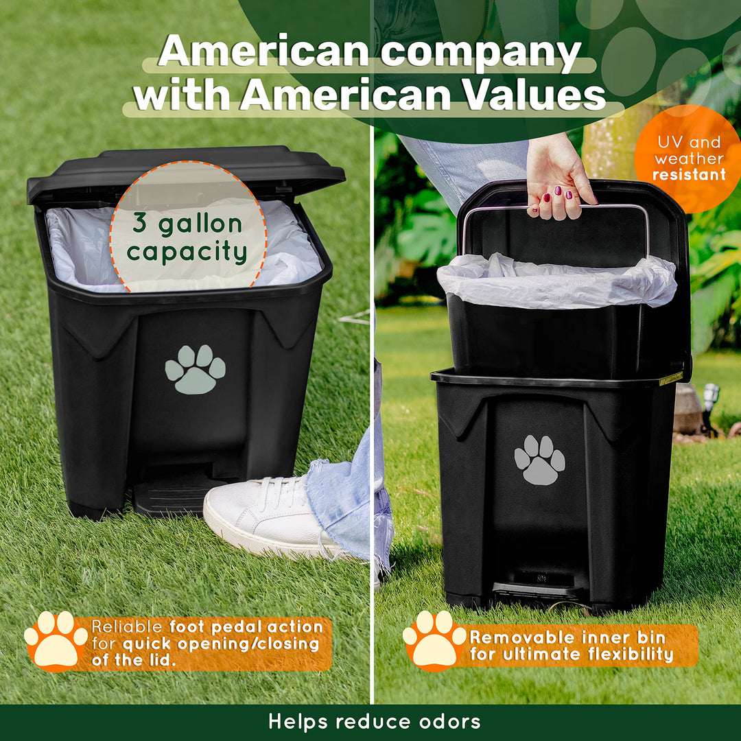 USA Fully Assembled Outdoor Dog Poop Trash Can with Lid and Removable Inner Waste Bin. Includes Long Handle Claw Pooper Scooper. A Portion of Every Sale Donated to Help Animals in Need.