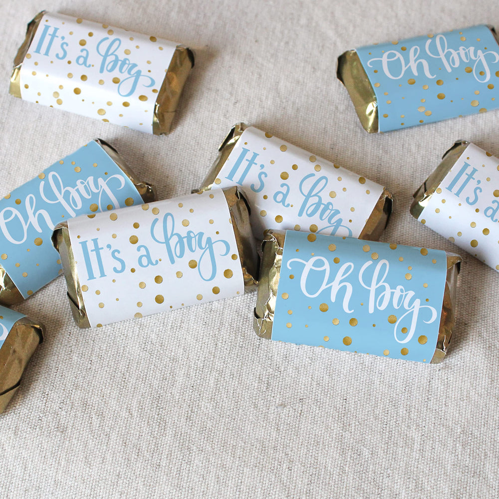 Blue and Gold It's a Boy Baby Shower Mini Candy Bar Wrappers - 45 Stickers