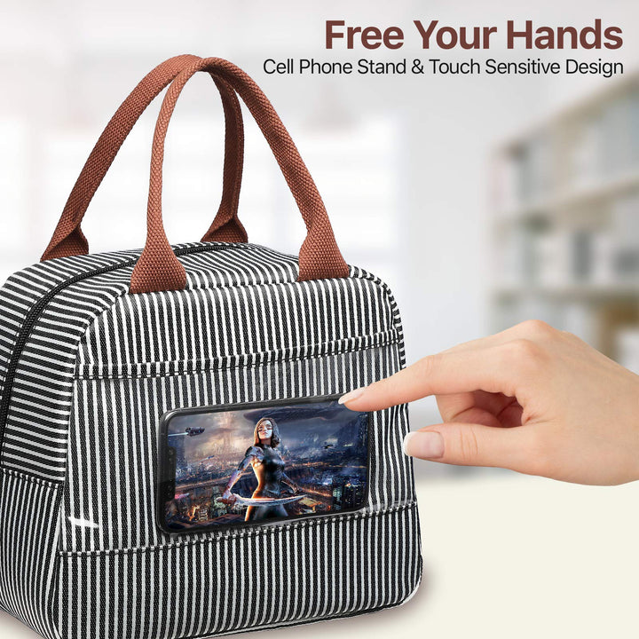 Insulated Lunch Bag Women - Lunch Bag for Women Men Reusable Lunch Box Leakproof Thermal Cooler Sack Food Handbags Case High Capacity for Work and Picnic (Black White Stripe)
