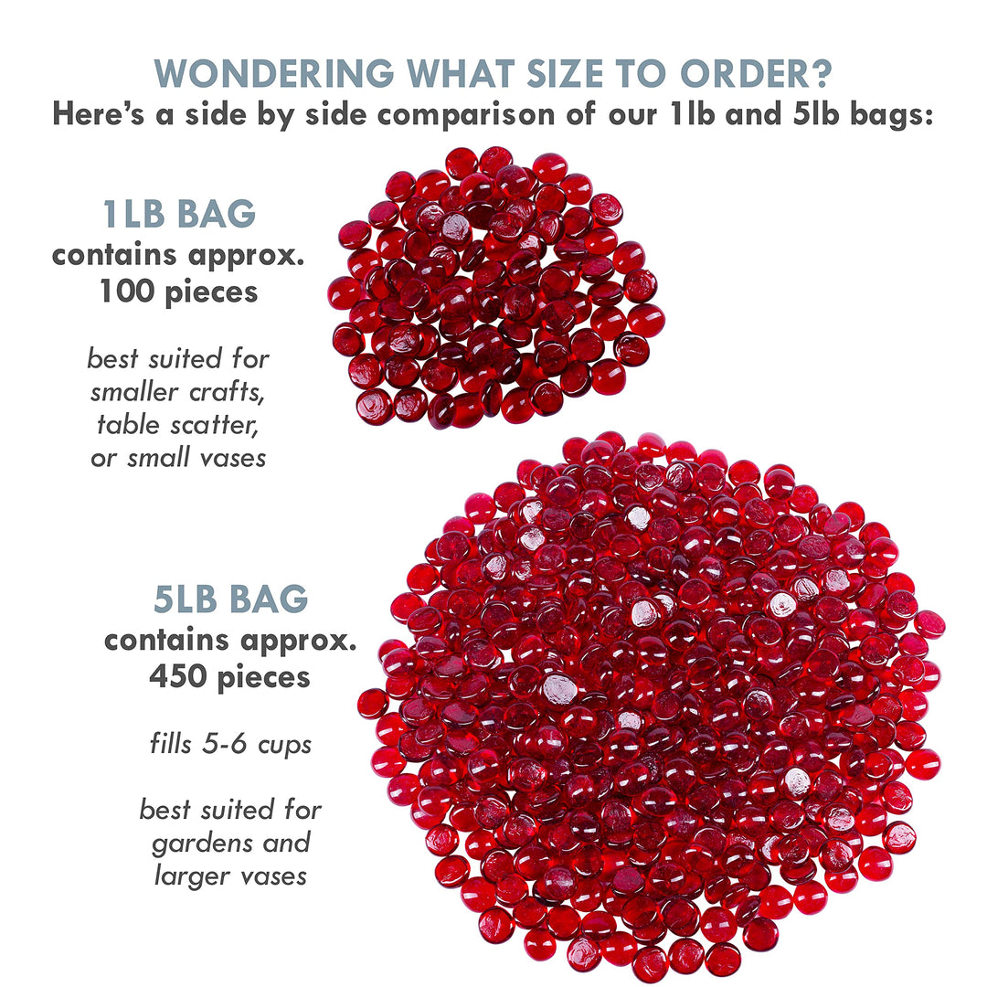 Red Flat Glass Marbles for Vases Glass Gems Beads Pebbles Vase Filler (5 LBS, Approx. 450 PCS)
