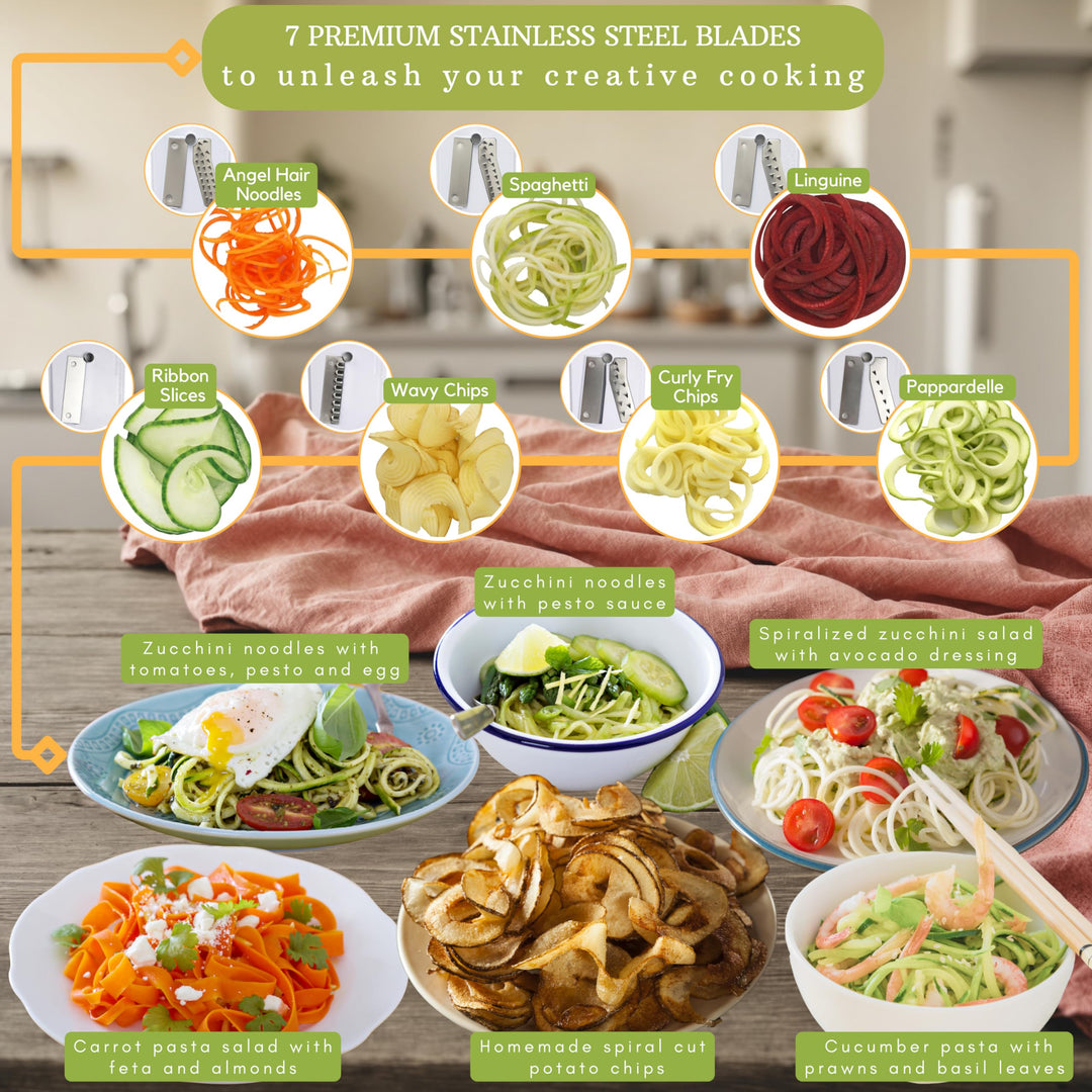 7-Blade Vegetable Spiralizer: Strongest-Heaviest Spiral Slicer, Best Veggie Pasta Spaghetti Maker for Low Carb/Paleo/Gluten-Free Meals, With Container, Lid, Blade Caddy &amp; 4 Recipe Ebooks