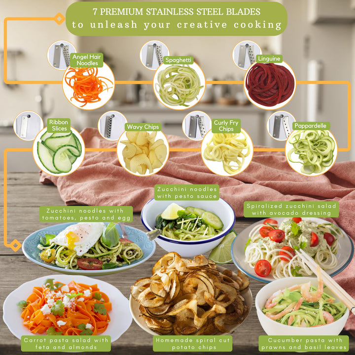 7-Blade Vegetable Spiralizer: Strongest-Heaviest Spiral Slicer, Best Veggie Pasta Spaghetti Maker for Low Carb/Paleo/Gluten-Free Meals, With Container, Lid, Blade Caddy &amp; 4 Recipe Ebooks
