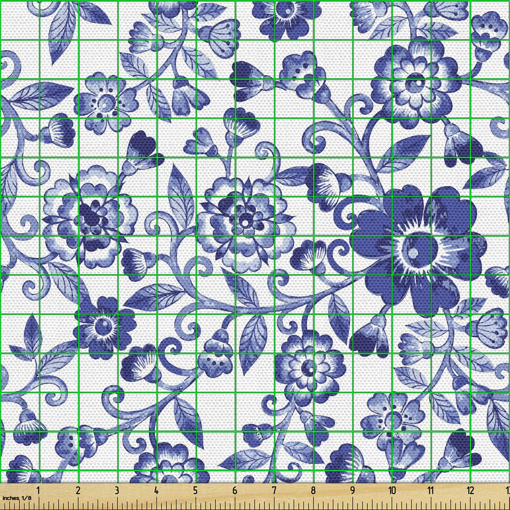 Floral Fabric by The Yard, Swirl Flower Pattern Folk Russian Folk Cultural Petals Ornamental Image, Decorative Fabric for Upholstery and Home Accents, 3 Yards, Azure Blue