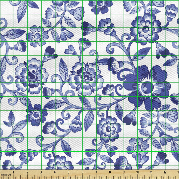 Floral Fabric by The Yard, Swirl Flower Pattern Folk Russian Folk Cultural Petals Ornamental Image, Decorative Fabric for Upholstery and Home Accents, 3 Yards, Azure Blue