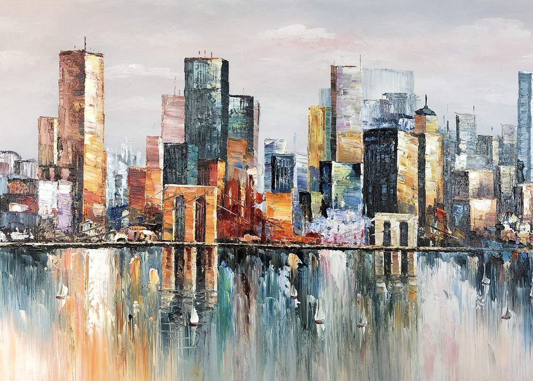 Art,24x48Inch 100% Hand Painted City Skyline Framed Oil Paintings on Canvas Abstract Urban Landscape Artwork Modern Cityscape Wall Art Oil Hand Painting for Dinning Room Office