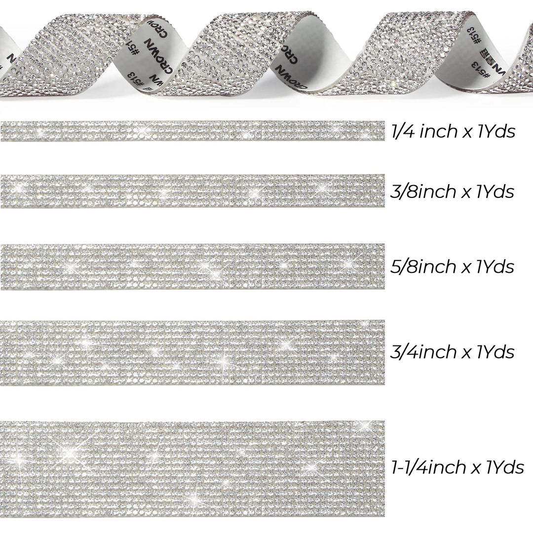 5 Rolls Self Adhesive Bling Wrap Crystal Rhinestone Strips Diamond Ribbon,Rhinestones for Crafts,Diamond Stickers Silver Rhinestone Ribbon Use for Decoration (Silver/5 Sizes/Total 5Yards)