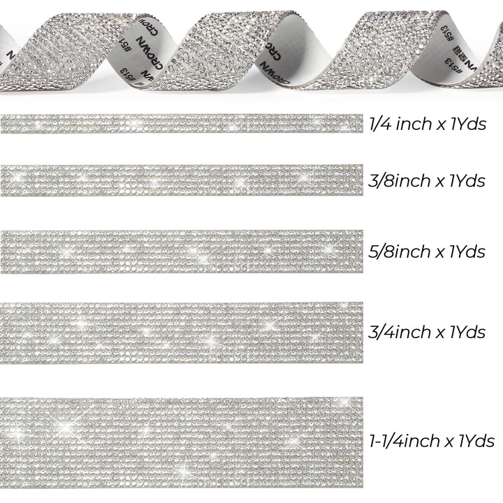 5 Rolls Self Adhesive Bling Wrap Crystal Rhinestone Strips Diamond Ribbon,Rhinestones for Crafts,Diamond Stickers Silver Rhinestone Ribbon Use for Decoration (Silver/5 Sizes/Total 5Yards)