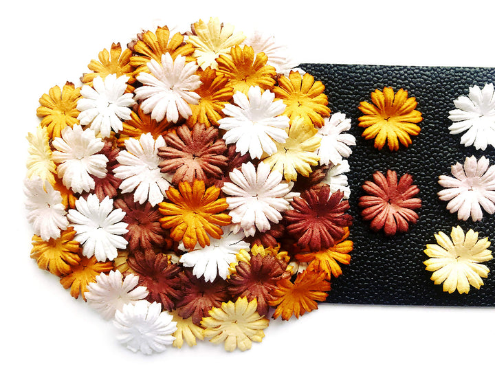 Tyga_Thai TH 50 pcs. Daisy Paper Flowers 25 mm. Mixed Tone Brown Petal Flower die cuts Mulberry Paper Flower Craft Handmade Wedding Scrapbook for so Many Card Craft Projects Brown, White Small