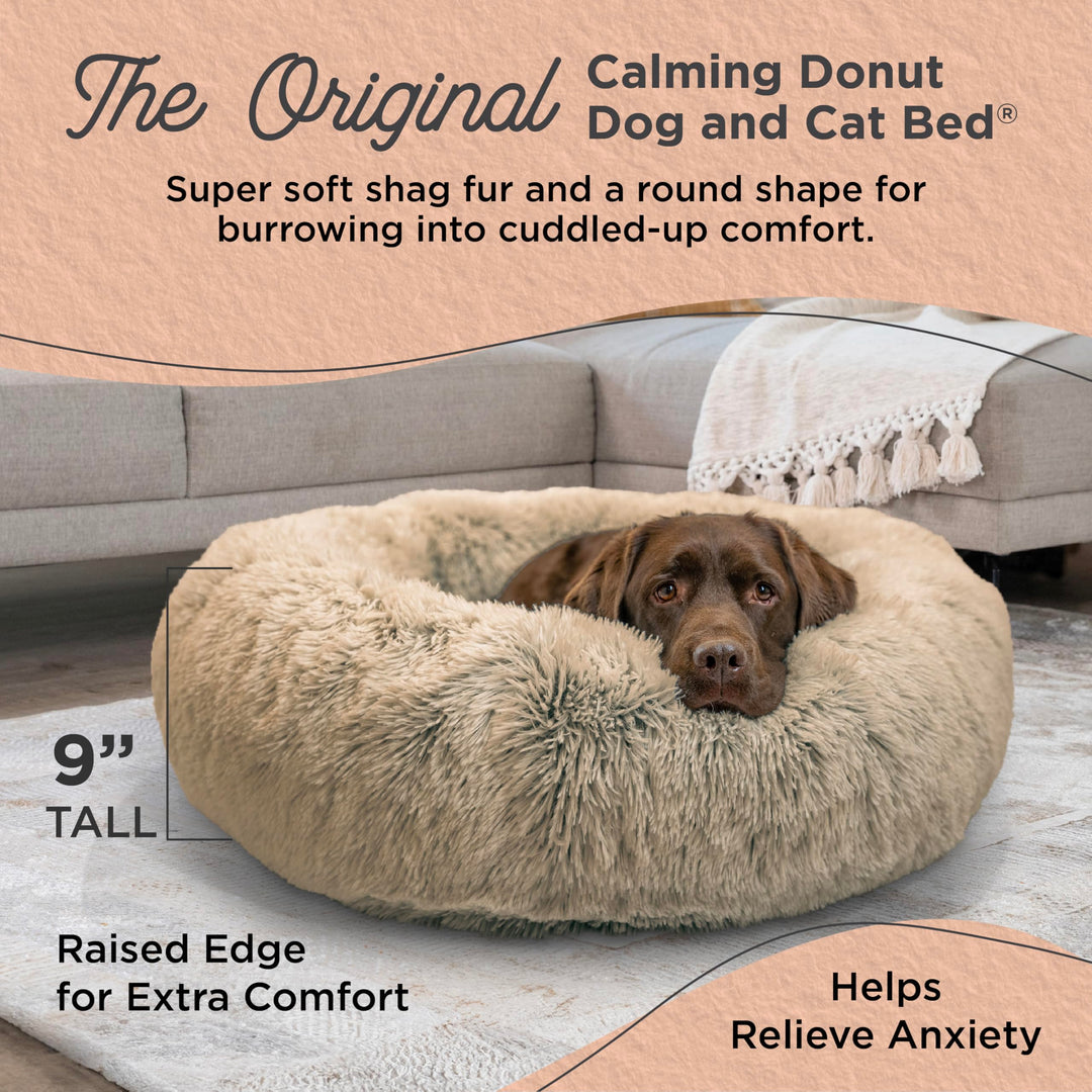 The Original Calming Donut Dog and Cat Bed in Shag Fur, Taupe, Large, 36x36