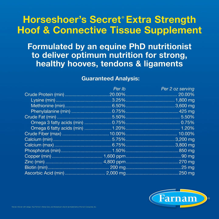 Farnam Horseshoer's Secret Extra Strength Hoof Supplements & Connective Tissue Supplement, Promotes Strong, Healthy Hooves, Tendon & ligaments, 7.5 lbs, 60 Day Supply