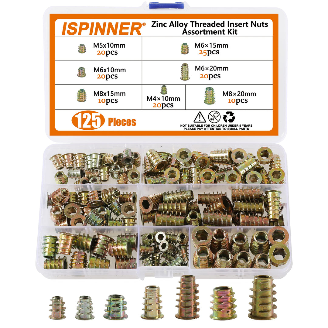 125pcs Metric Threaded Insert Nut Assortment Kit, Zinc Alloy Wood Inserts Bolt Fastener Hex Socket Drive Nut, Screw in Nut for Wood Furniture