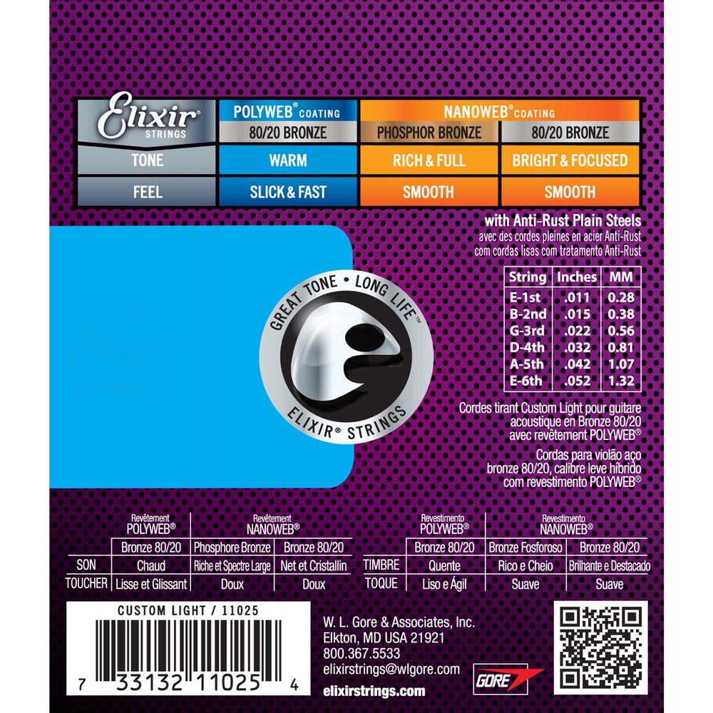 Strings Acoustic Guitar Strings, 6 String, Custom Light POLYWEB Coating