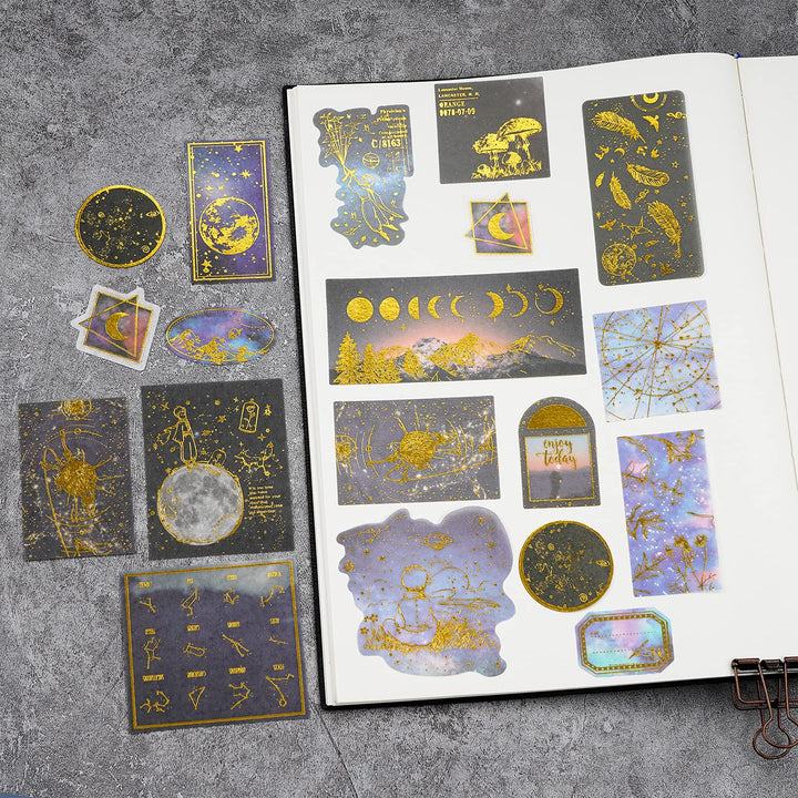 Celestial Black Gold Foil Stickers Set (60 Pieces) - Decorative Planet Moon Space Galaxy Astronomy Planner Sticker for Scrapbooking Bullet Journaling Junk Journal DIY Art Crafts Album Calendars