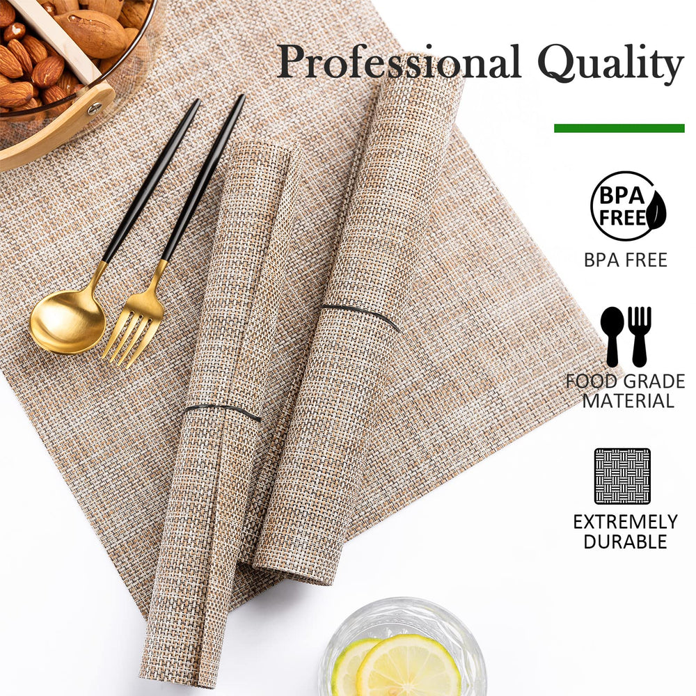 Placemats Set of 8 Washable Indoor/Outdoor Vinyl Place Mats for Dining Table PVC Weave Table Mats(Caramel)