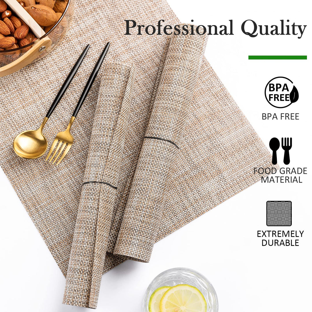 Placemats Set of 8 Washable Indoor/Outdoor Vinyl Place Mats for Dining Table PVC Weave Table Mats(Caramel)