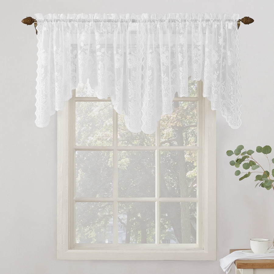 Alison Floral Lace Sheer Rod Pocket Curtain Valance, 58 x 32, White