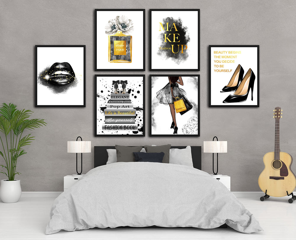 Glam Black Golden Fashion Wall Art Girls Room Decor Wall Black Golden Fashion Shopping lady Perfume Flower Book High Heels Posters Prints Women Decor Bedroom(8x10 inch Unframed, Black)