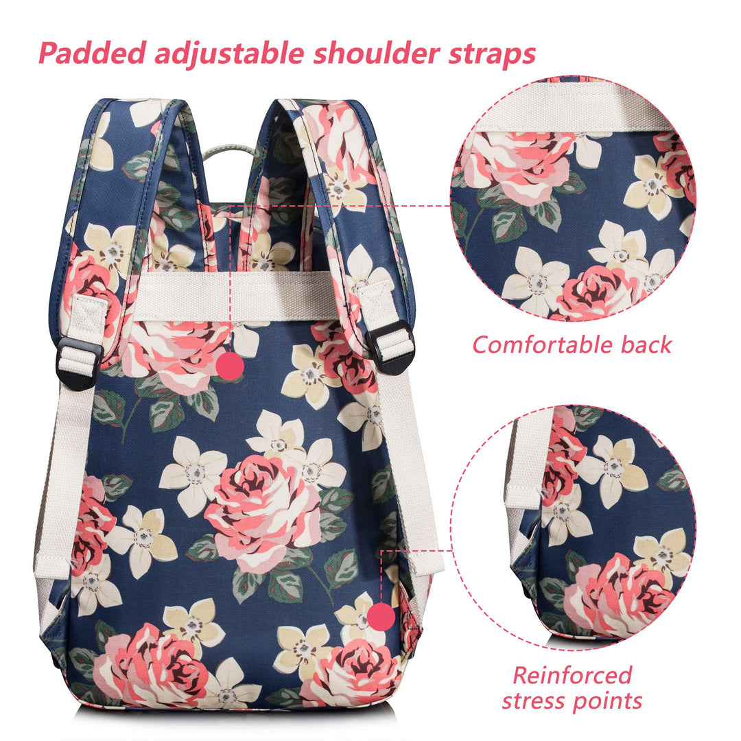 Floral School Backpack for Girls Travel Bag Bookbag Satchel Dark Blue