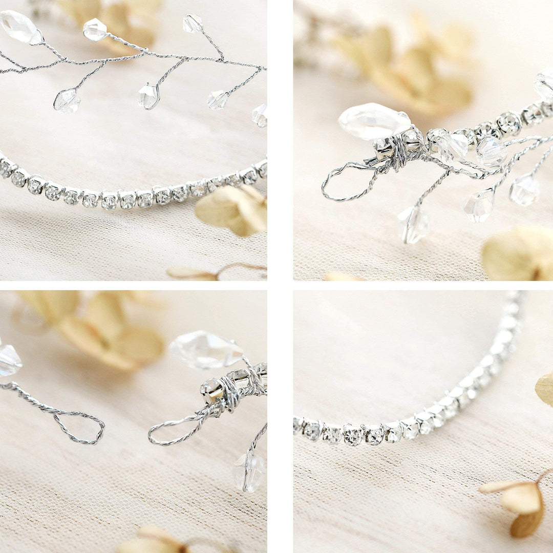 Wedding Hair Vine with Ribbon Headband Silver Rhinestone Chain Crystal Wreath Crown Bridal Flower Vine Accessories Wedding Hairstyle for Bride and Bridesmaid - 15.74inches