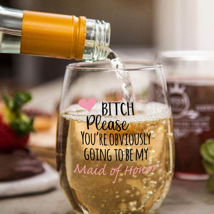 You&#39;re Obviously Going To Be My Maid Of Honor Funny Stemless Wine Glass 15oz – Bridesmaid Proposal Gifts for Best Friend or MOH - Perfect Present for Wedding or Bachelorette Party