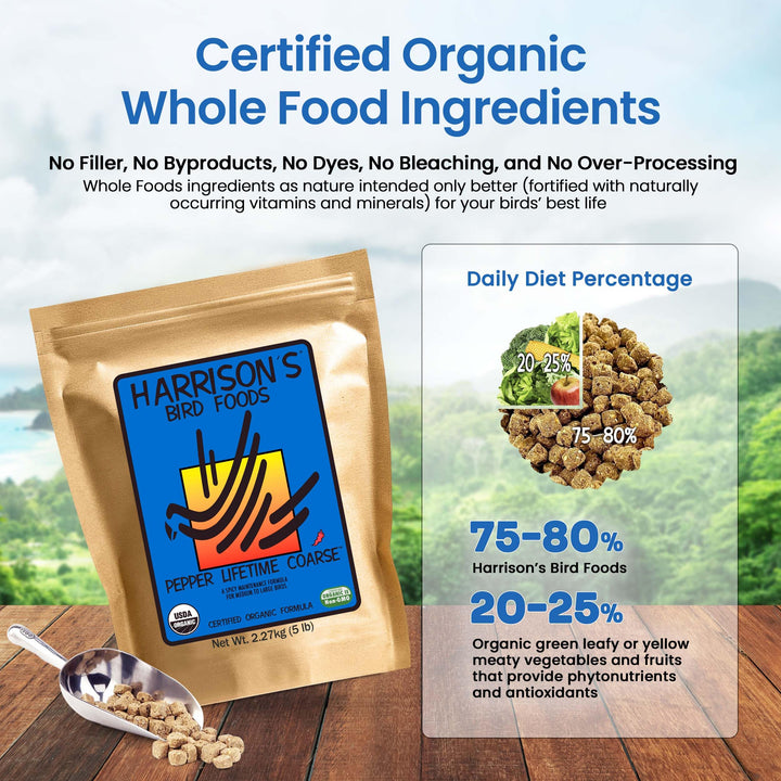 Harrison&#39;s Bird Foods Pepper Lifetime Coarse Certified Organic Non-GMO Formula Bird Food 5lb