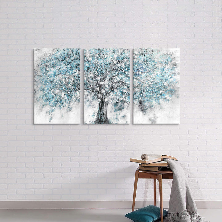 Abstract Tree Canvas Wall Art - 3 Pieces Silver Blue Blooming Plant Picture Modern Landscape Prints Forest Painting for Living Room