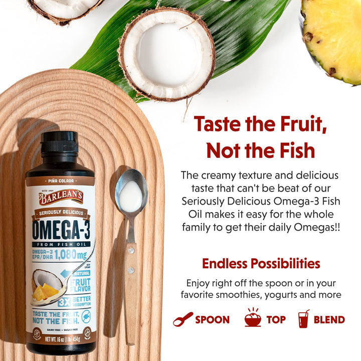 Barlean&#39;s Omega 3 Fish Oil Liquid Supplement with Vitamin D, Pina Colada, 1080mg EPA and DHA Fatty Acid, 16 oz