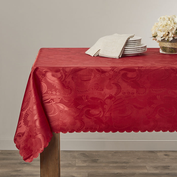 European Rose Design Tablecloth, 60 Round, Burgundy