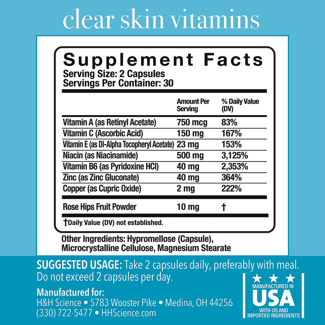 Clear Skin Vitamins for Women &amp; Men - Supplement for Healthy Glowing Skin and Acne Control* - Patented and Dermatologist Developed Hormonal &amp; Cystic Acne Pills