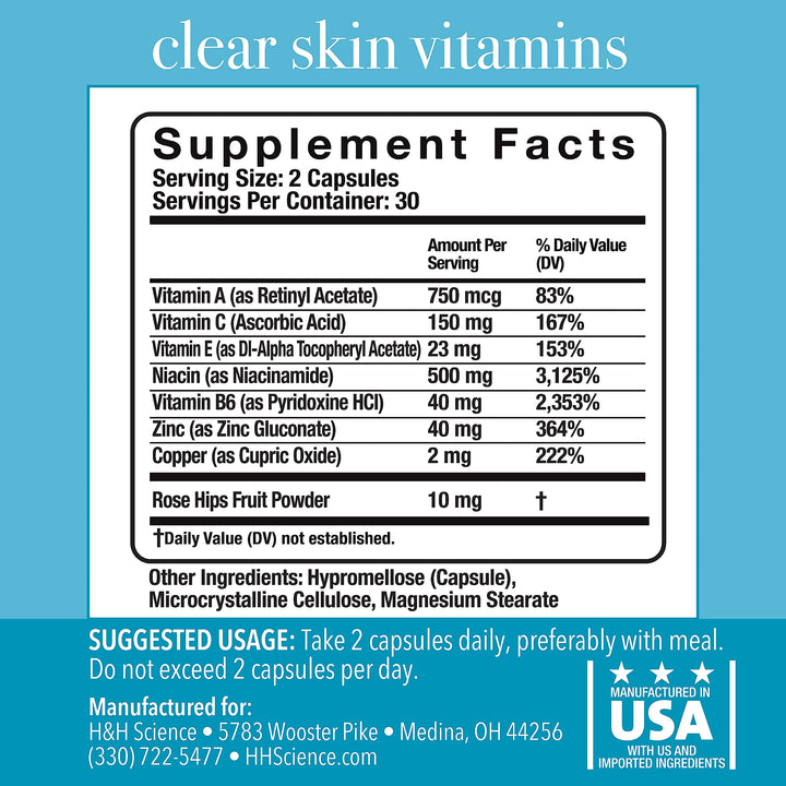 Clear Skin Vitamins for Women &amp; Men - Supplement for Healthy Glowing Skin and Acne Control* - Patented and Dermatologist Developed Hormonal &amp; Cystic Acne Pills