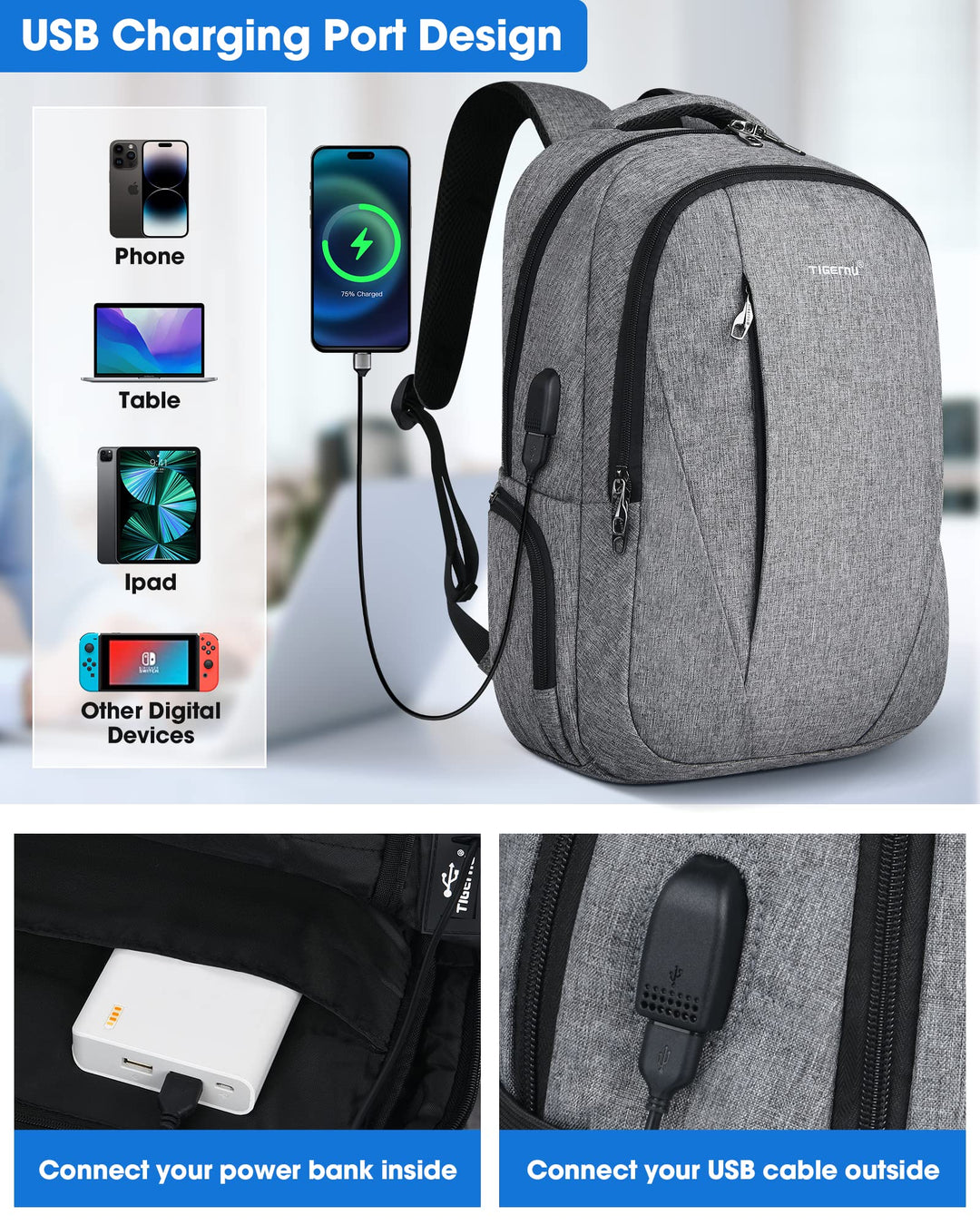 Laptop Backpack, Business Slim Anti-theft Backpacks with USB Charging Port, Water Resistant College Bookbag with Laptop Compartment for Men Work, Fits 15.6 Inch Laptop and Notebook, Black