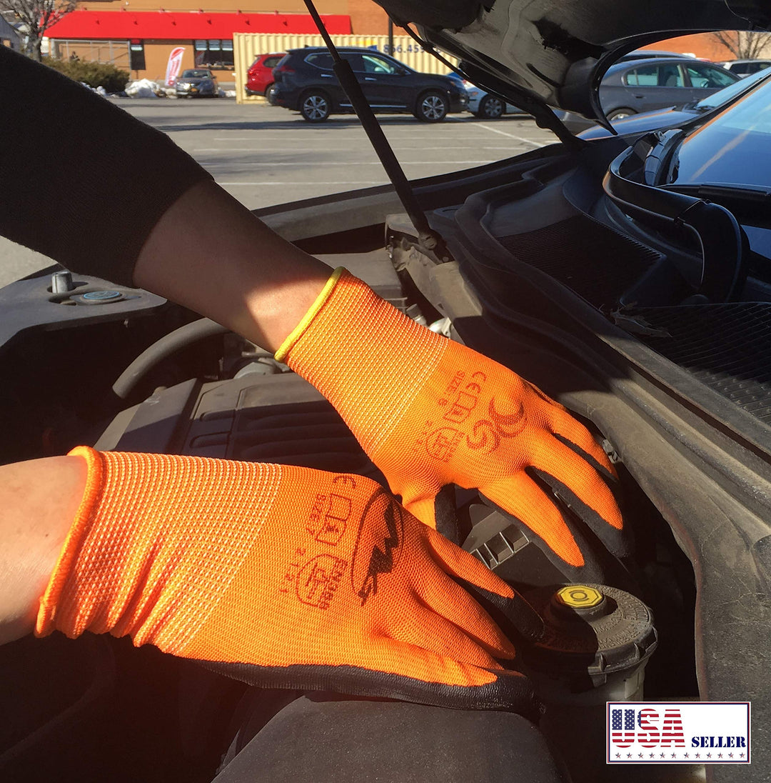 Rubber Coated Safety Work Gloves - 10-Pair Pack, Firm Grip, General Purpose, Repairing and Construction, for Men and Women (Size Large Fits Most, Orange)