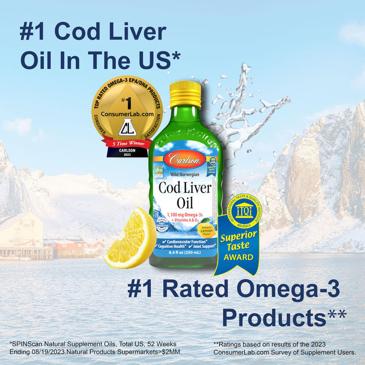 - Cod Liver Oil, 1100 mg Omega-3s, Liquid Fish Oil Supplement, Wild-Caught Norwegian Arctic, Sustainably Sourced Nordic Liquid, Lemon, 250 ml